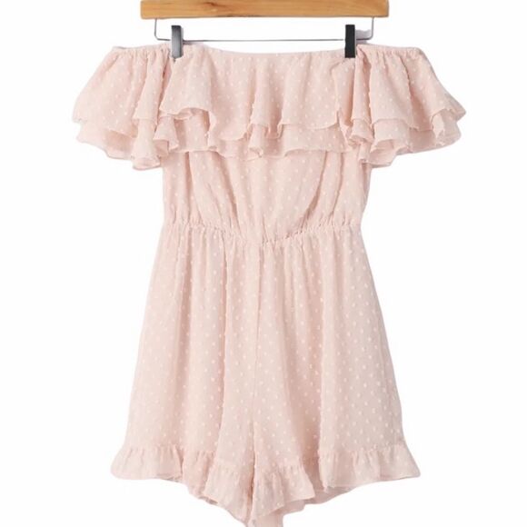 LULU’S Women’s Pink Romper Off The Shoulder Ruffle Hem Barbiecore Large NWT - Picture 5 of 5